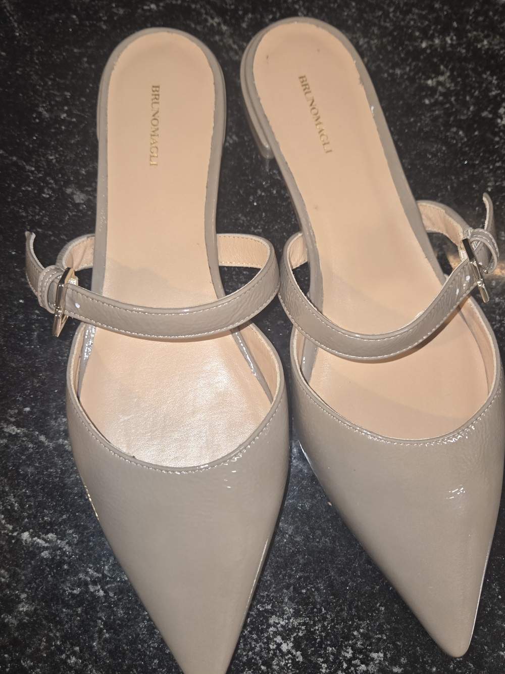Bruno Magli Taupe Patent Pointed-Toe Slingback Mules